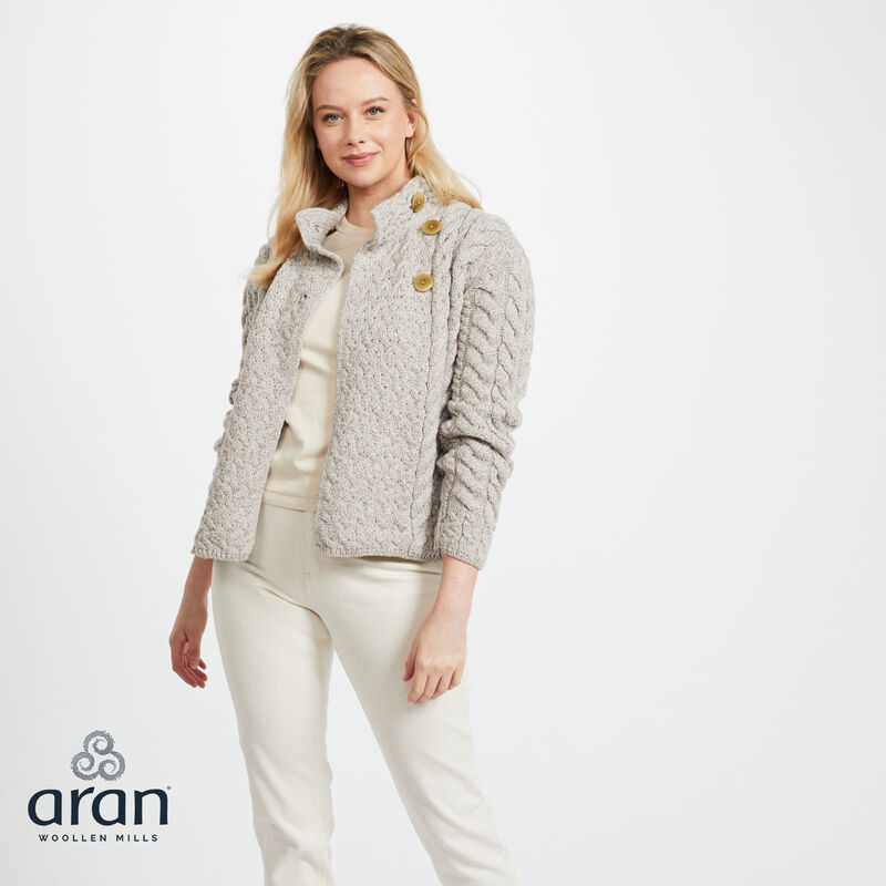 Aran Woollen Mills Ladies Luxury Merino Wool Trellis Multi Aran Cable Knit Cardigan, Oatmeal